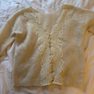 Sezane Elegant Cream Sweater with Lace Detailing. Reversible